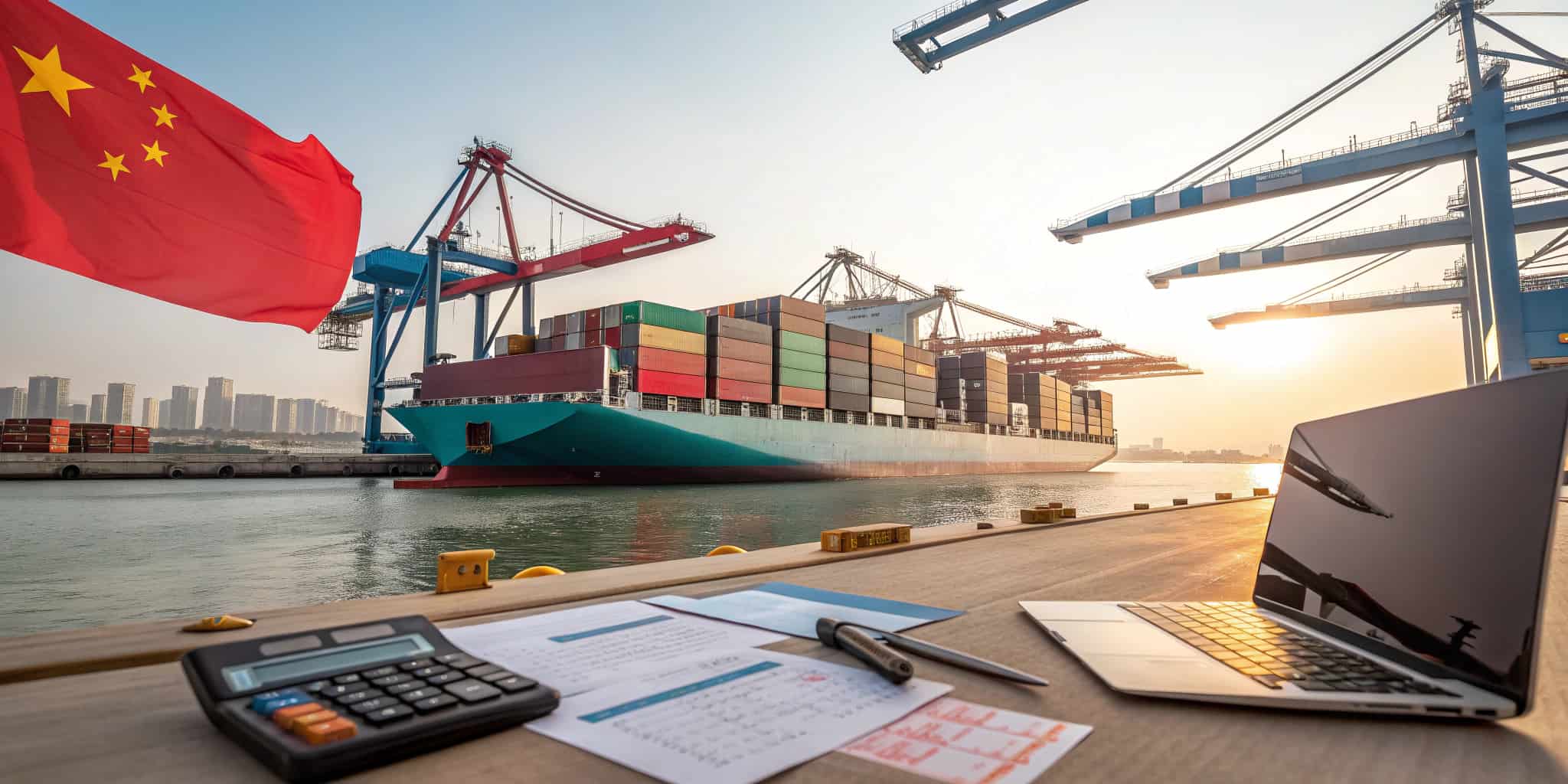 واردات از چین-بندر شلوغ چین با کشتی کانتینری و جرثقیل‌ها، و میز کاری با اسناد و ماشین‌حساب برای محاسبه هزینه واردات
