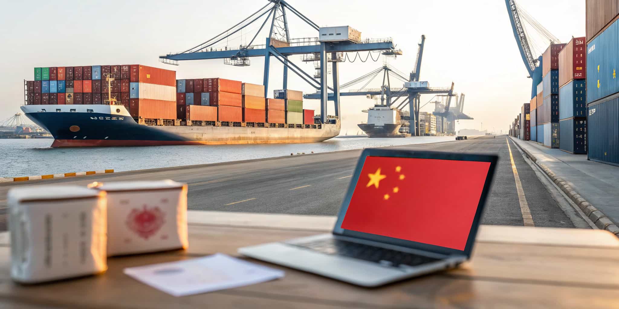 چرا چین بهترین کشور برای واردات کالا است؟
-بندر شلوغ چین با کشتی کانتینری و نشانه‌هایی از تجارت بین‌الملل.